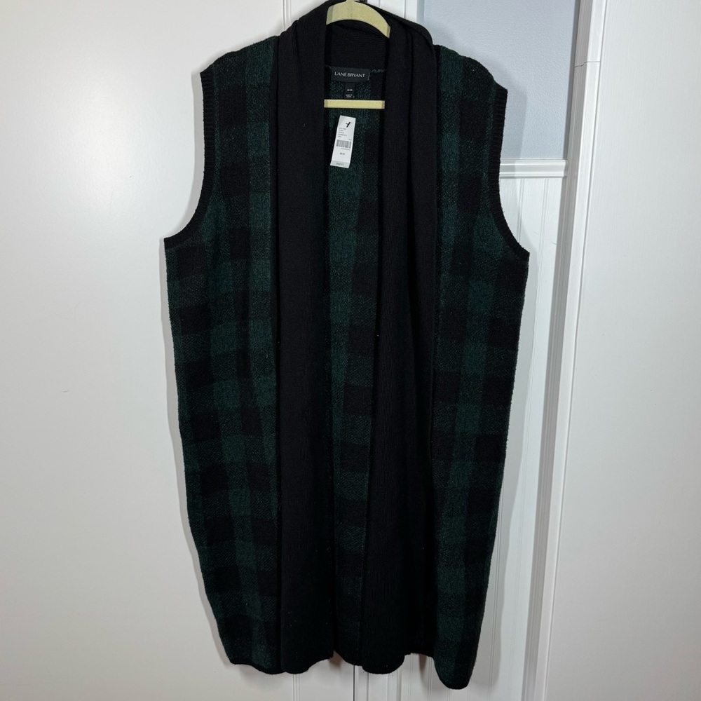 NWT Lane‎ Bryant Black Green Plaid Open Front Long Sweater Vest Size 18/20